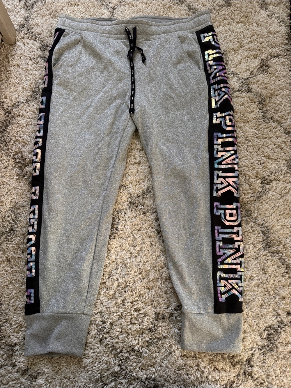 PINK Victoria's Secret Gray Joggers with Holographic Side Logo